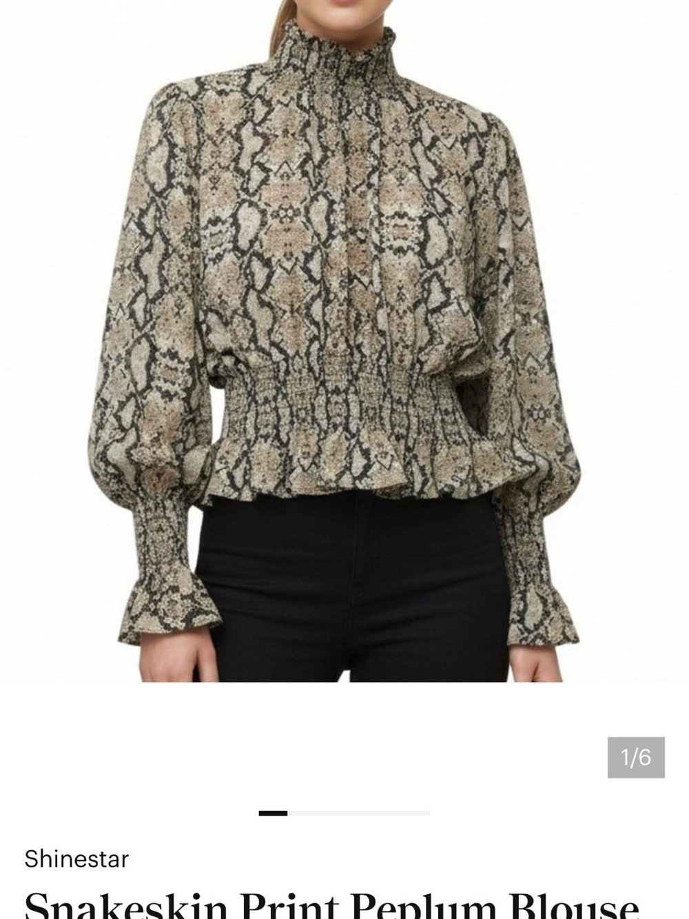 Snakeskin Print Peplum Blouse Smocked Mock Neck Long Sleeve Tan Womens Large
